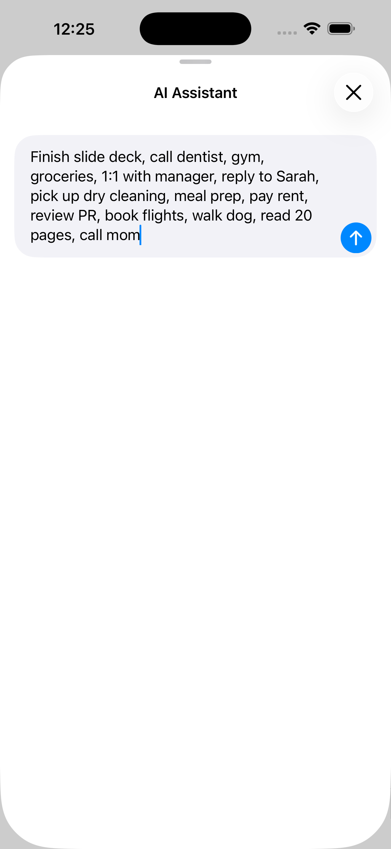 AI Assistant sheet with a brain-dump list of tasks typed in plain language