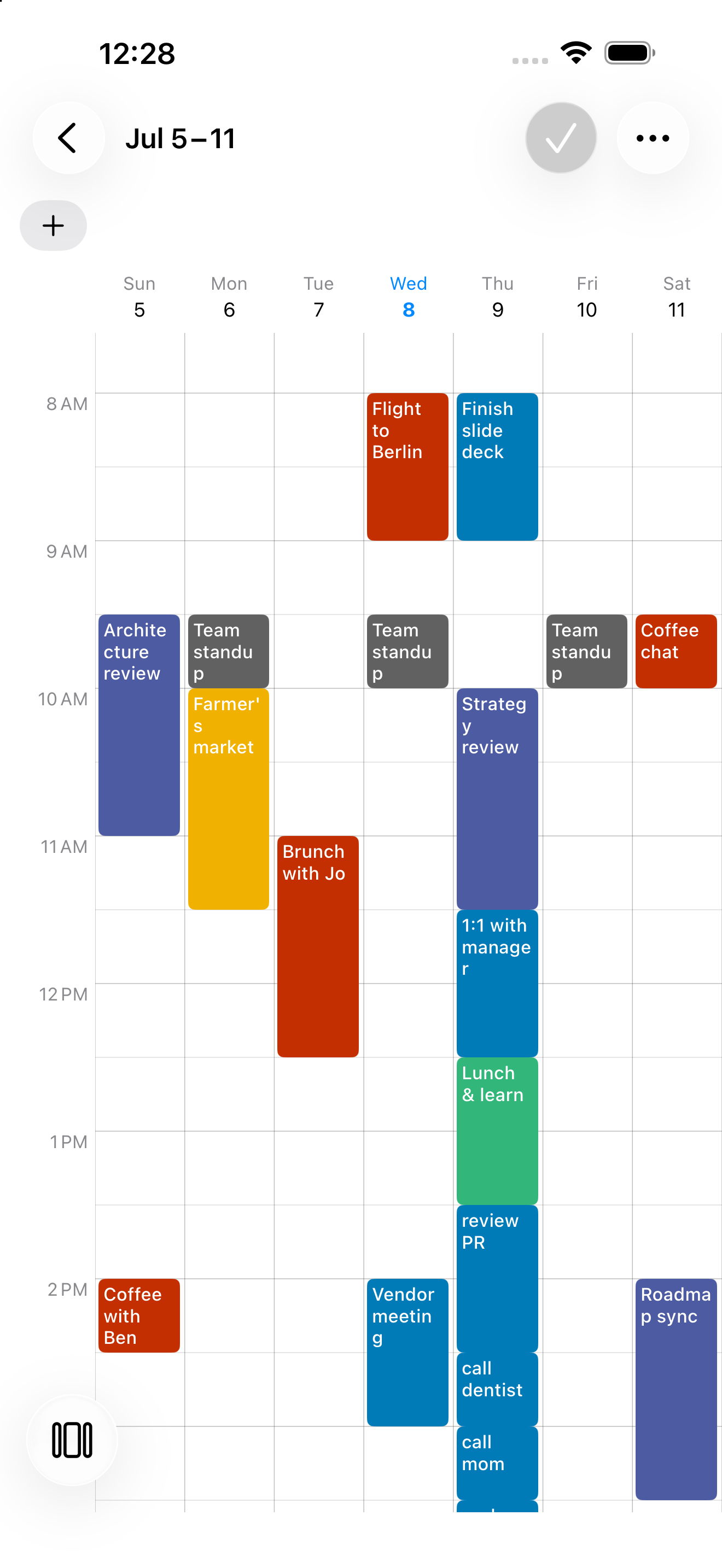 The planned day shown inside the weekly time-blocking calendar view