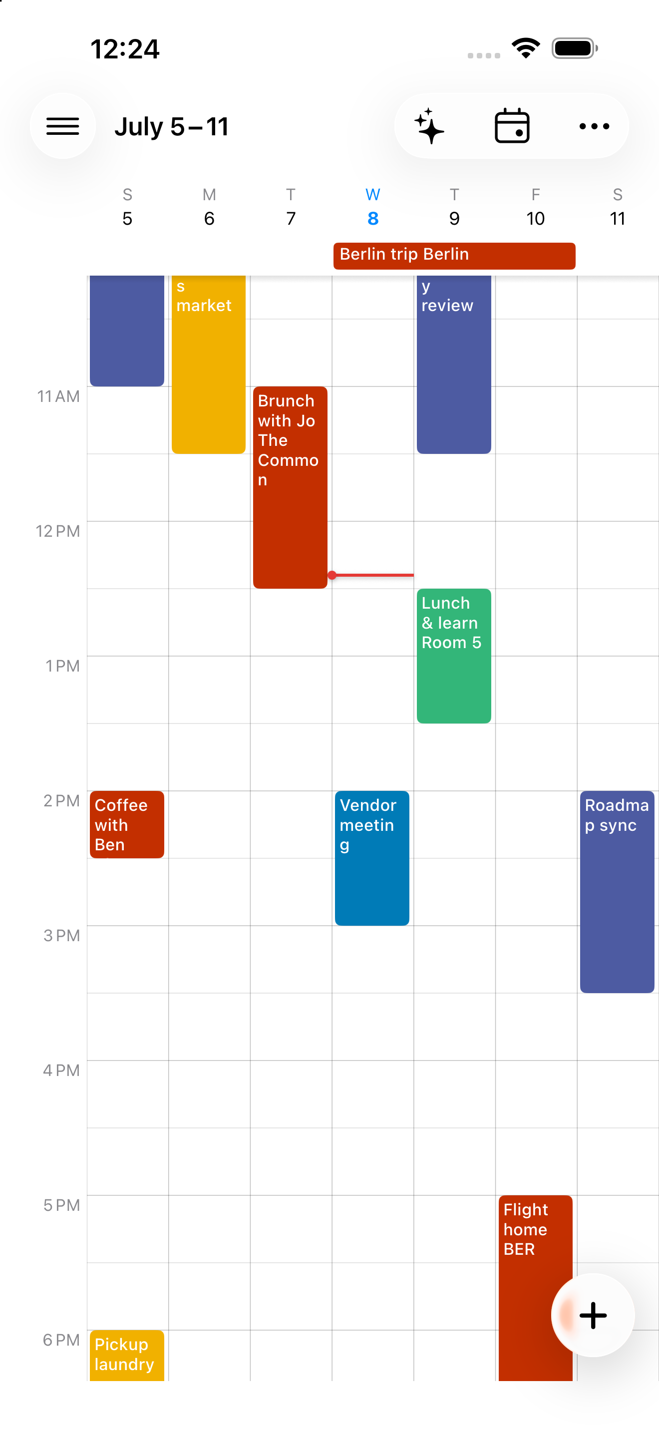 Week view — hours grid with concurrent events